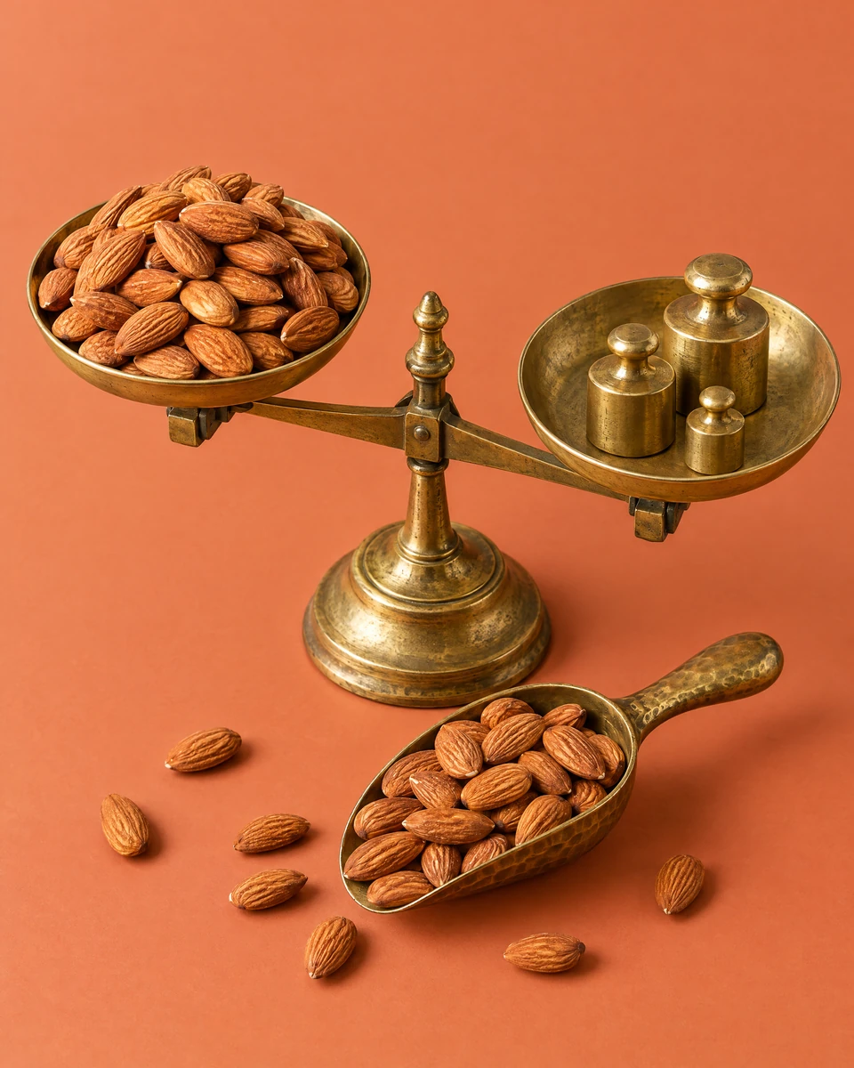 Une balance en laiton : des amandes sur un plateau, des poids sur l'autre, et une pelle d'amandes devant