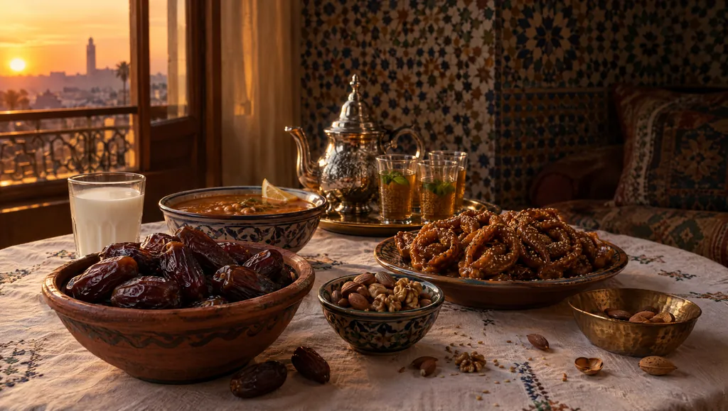 Une table de ftour au coucher du soleil : un bol de dattes Medjool, un verre de lait, une harira et des chebakia