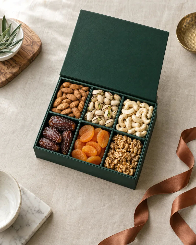 Un coffret vert ouvert rempli de fruits secs et de dattes