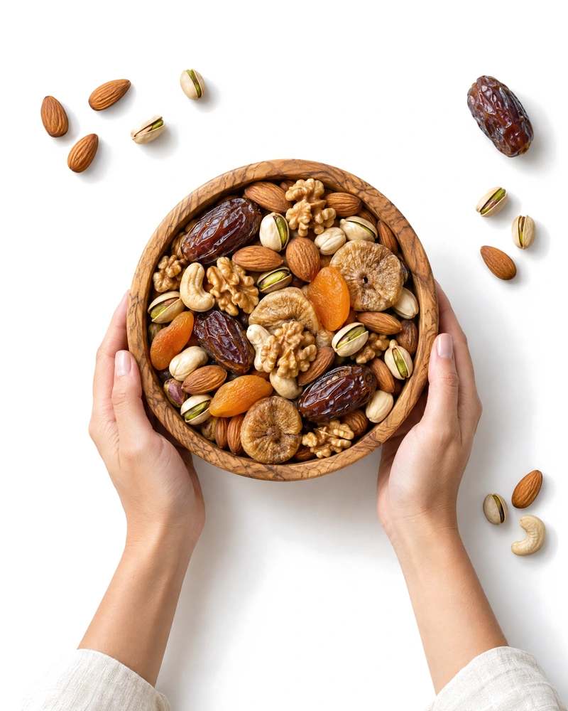 Deux mains tiennent un bol en bois d'olivier rempli de fakya : amandes, noix, pistaches, dattes, abricots et figues